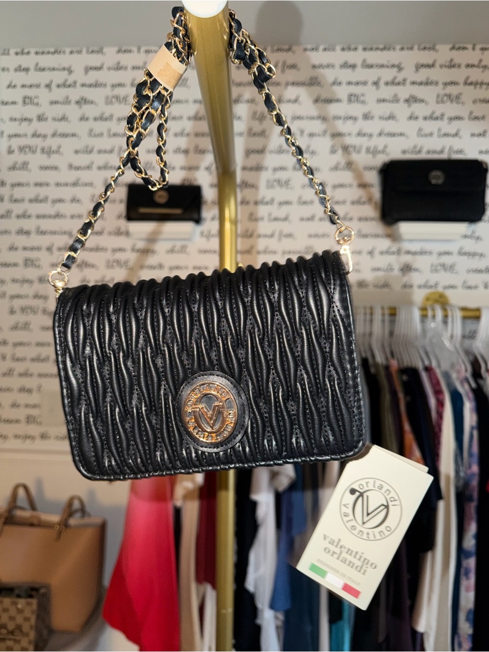 Valentino Orlandi Wavy Quilted Black Crossbody Gold Chain Purse Bag